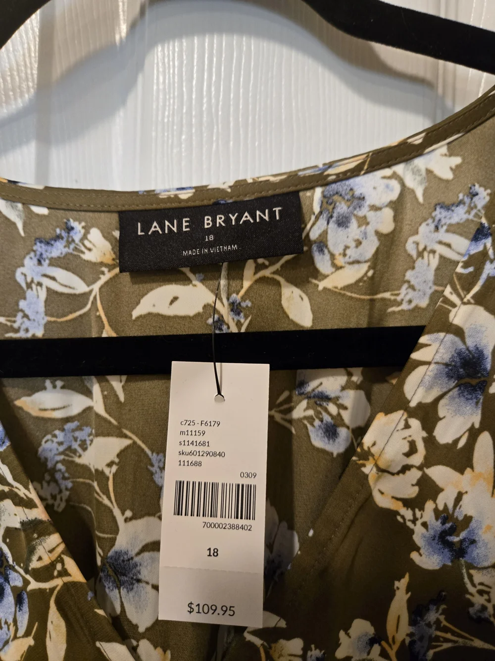 Lane Bryant Olive Green Midi Dress with Blue and White Floral Print